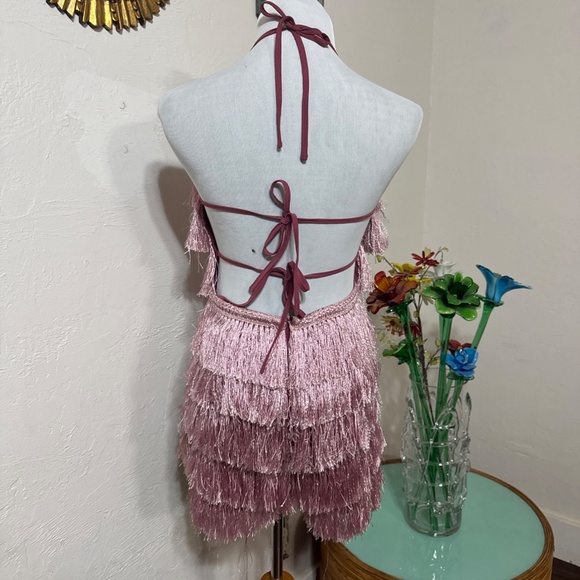 Women Missguided Pink Fringe Halter 1920's Flapper Style Cocktail Party Romper 6 - Picture 5 of 16
